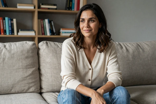 Lena, a PTSD survivor, smiling gently on a sunlit sofa - dating with PTSD member story