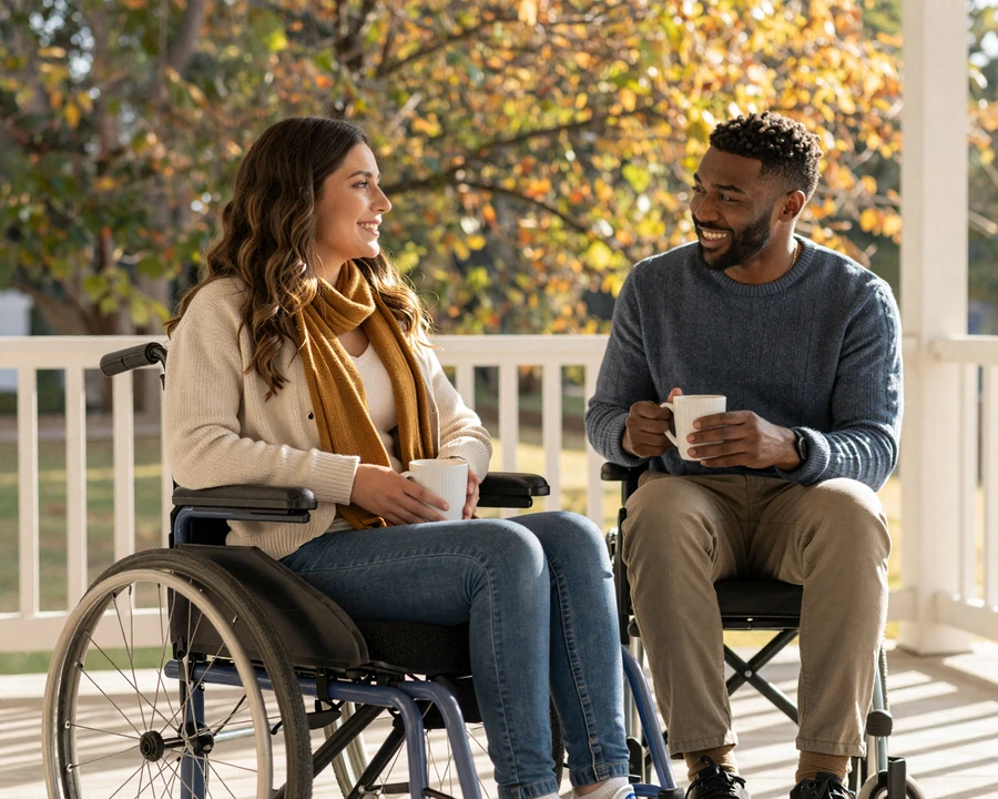Marisol, a Latina woman with cerebral palsy, laughing on a sunlit porch with her partner Devon - interabled dating with cerebral palsy