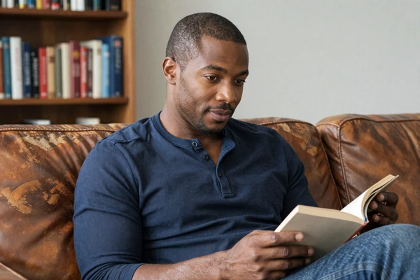 Marcus, partner of someone with bipolar 2, reading on a sunlit couch - partner perspective on bipolar dating