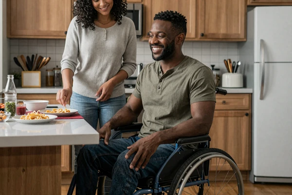 Devon, a manual wheelchair user, cooking pasta with his partner in his Atlanta kitchen - accessible home date