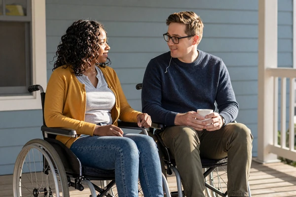 Maya, a Black woman in a manual wheelchair, and Daniel sitting together on a sunlit porch with coffee - an interabled couple at home.