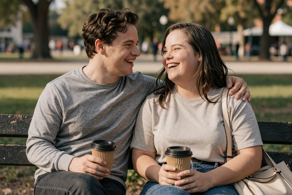 Carla and Theo, an interabled couple including a partner with Down syndrome, laughing on a park bench - interabled down syndrome couple