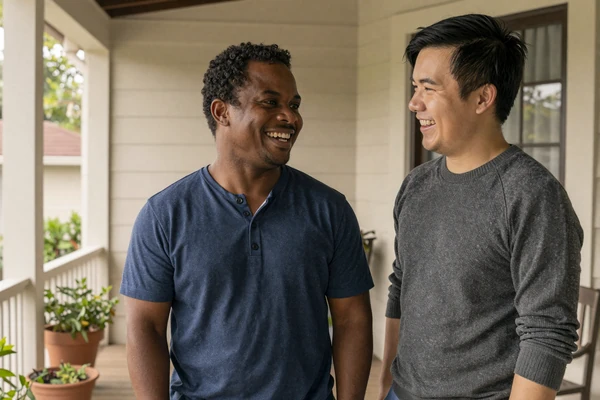 Marcus, a man with diastrophic dwarfism, and Eli, his average-height partner, laughing together on their sunlit porch - interabled little people meet couple