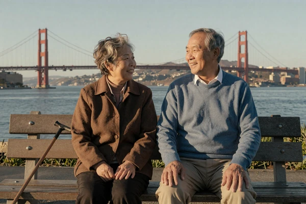 Howard and Lin, an interabled couple in their sixties, sitting together at a San Francisco park