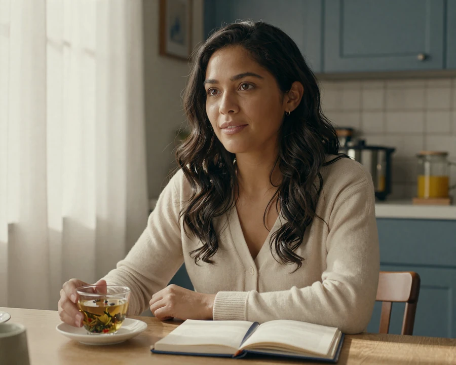 Elena, a woman with bipolar disorder, sitting calmly at a sunlit kitchen table with tea and a journal - bipolar dating in everyday life