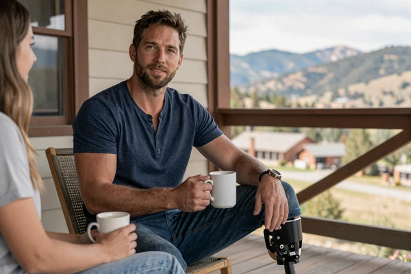 Daniel, an above-knee amputee, on a porch with his partner sharing coffee - confident amputee dating story