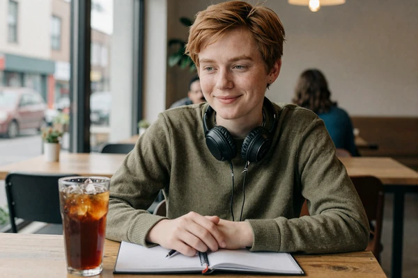 Jordan, a 28-year-old autistic non-binary person, sketching at a quiet cafe - autism dating site member