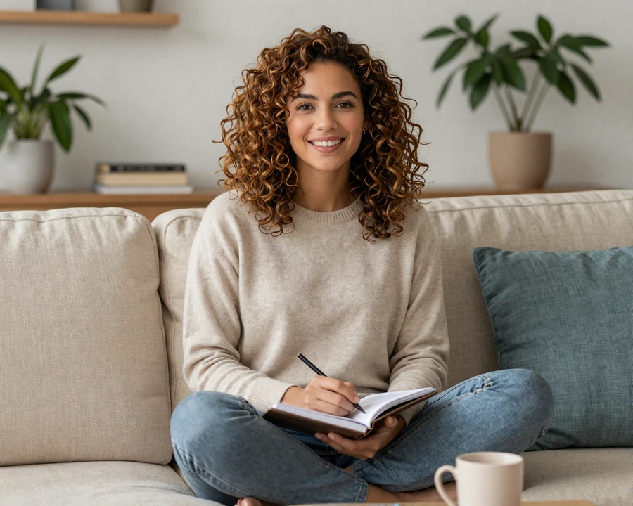 Maya, a young woman with ADHD, smiling on a sunlit couch with notebook and coffee - ADHD dating in everyday life