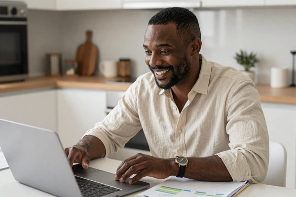 Andre, a man with ADHD, laughing with his partner over a planner at a sunlit kitchen table - ADHD couple planning together