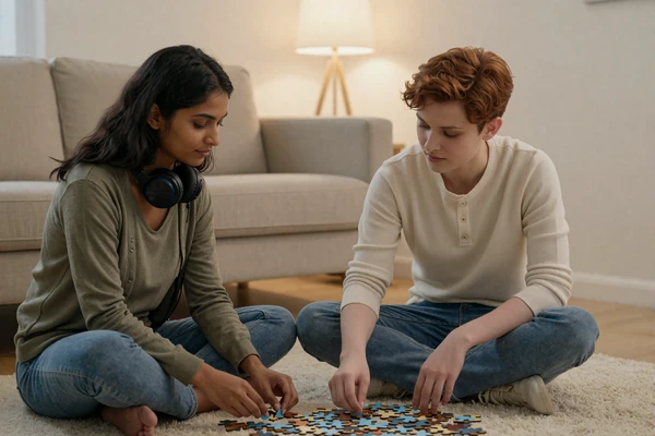 Priya and Eli, an autistic couple, sitting on a rug at home doing a jigsaw puzzle in soft lamp light.
