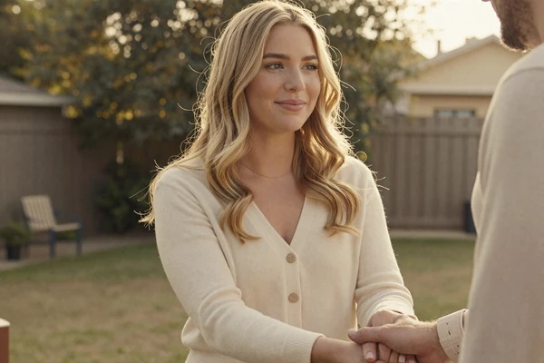Kaci, a 28-year-old member with EDS, holding hands with her partner in their backyard
