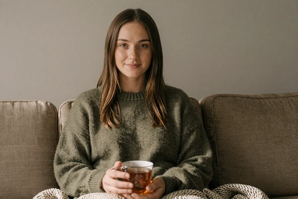 Sophie, a 23-year-old chronic illness dater, smiling on her couch with tea