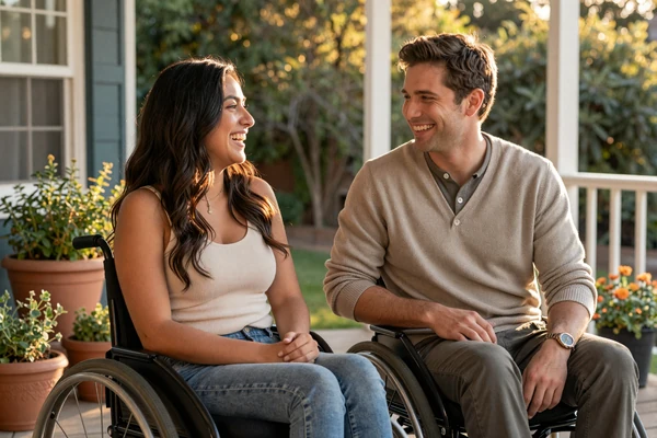 Marisol, a wheelchair user, laughing with her ambulatory partner Theo on their sunny backyard porch - interabled couple success story