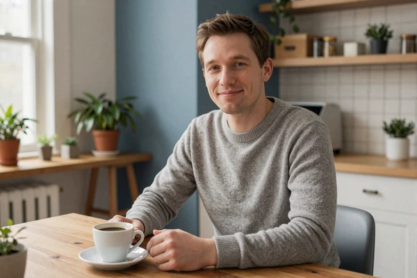Owen, an autistic man, smiling gently at a kitchen table with coffee - autistic dating story