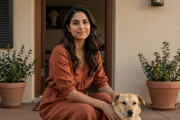 Elena, a woman with bipolar 2, smiling on a sunlit porch with her rescue dog - bipolar dating success story