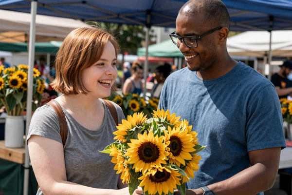 Pia, a little person, and her partner Marcus laughing at a Chicago farmers market with sunflowers - little people meet success story
