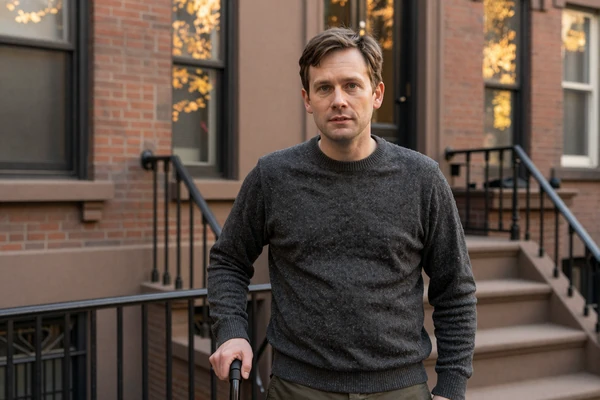 Henry, a man with mild cerebral palsy, holding his cane on a Boston brownstone stoop in autumn - finding love with a disability