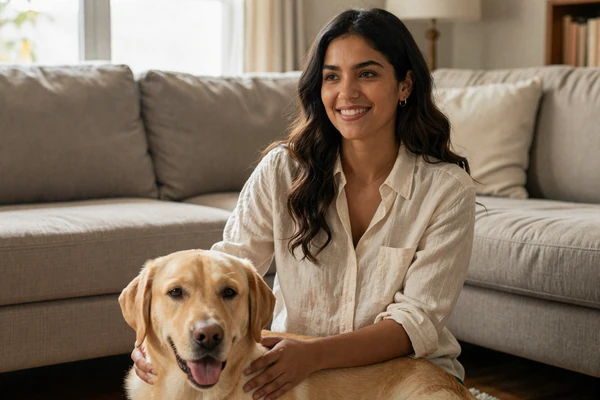 Elena, a blind woman, smiling on her couch with her yellow Labrador guide dog - blind people dating success story