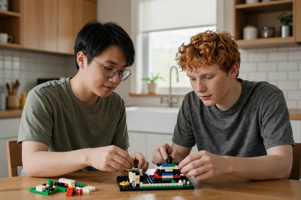Ren and Alex, two autistic partners, building a Lego set together at their kitchen table - autism dating success story