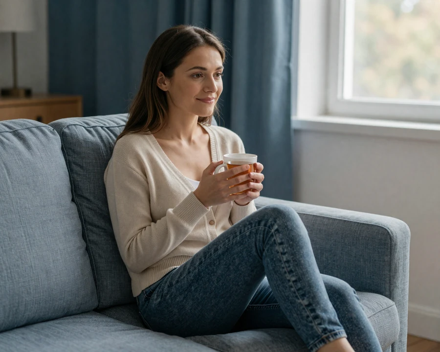 Lena, a woman with PTSD, sitting calmly on a sunlit sofa with tea - dating with PTSD in everyday life