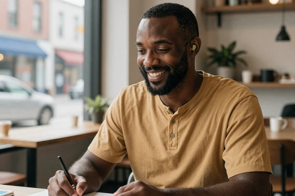 Devin, a 35-year-old Deaf man, signing warmly at a Brooklyn cafe - deaf dating community member