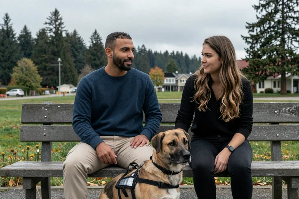 Yusuf, a veteran with PTSD and his service dog, sitting with his partner Beth on a quiet Tacoma park bench - dating with PTSD success story