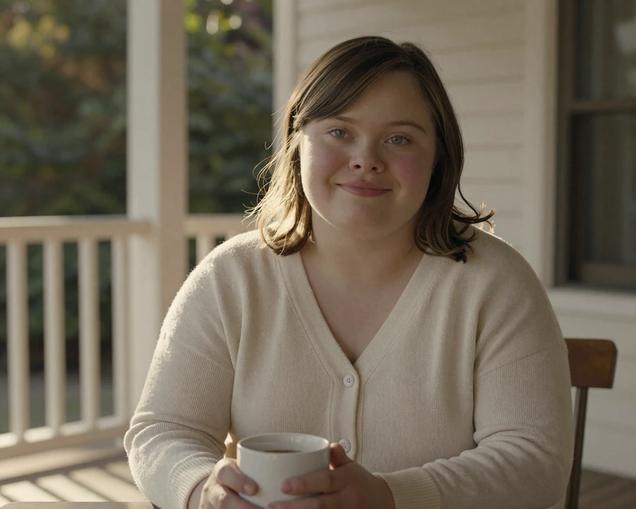 Lily, a young woman with Down syndrome, smiling on a sunlit porch - down syndrome dating in everyday life