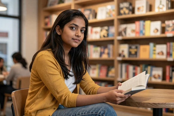 Priya, who has a congenital upper-limb difference, reading at a cozy Brooklyn bookstore - limb difference dating