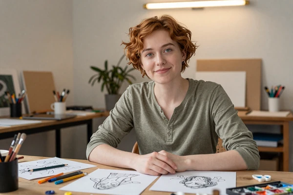 Jordan, a non-binary person with ADHD, smiling at an art studio desk - late-diagnosed ADHD dating story