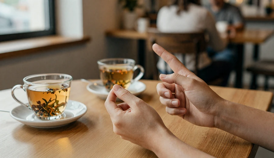 Two pairs of hands signing ASL across a warmly lit cafe table - culturally Deaf dating in everyday life