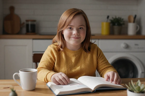 Hannah, a woman with achondroplasia, smiling over a cookbook in her sunlit kitchen - dwarfism dating success story