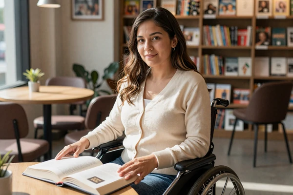 Marisol, a Latina woman with spastic cerebral palsy, smiling in her power chair at a bookstore cafe - dating with cerebral palsy story