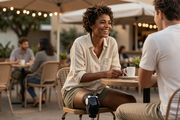 Renee, a below-knee amputee, laughing on a date at a warmly lit outdoor cafe - amputee dating success story