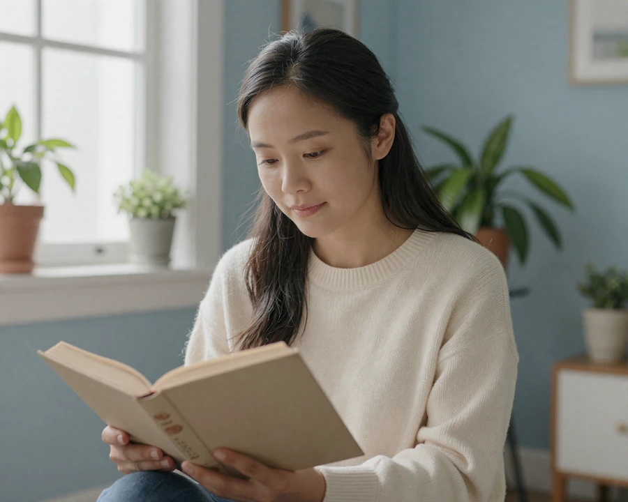 Maya, an autistic woman, reading quietly by a sunlit window - autism dating without masking
