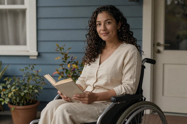 Maya, a 31-year-old wheelchair user, smiling on her sunny porch with a paperback - disabled dating member story