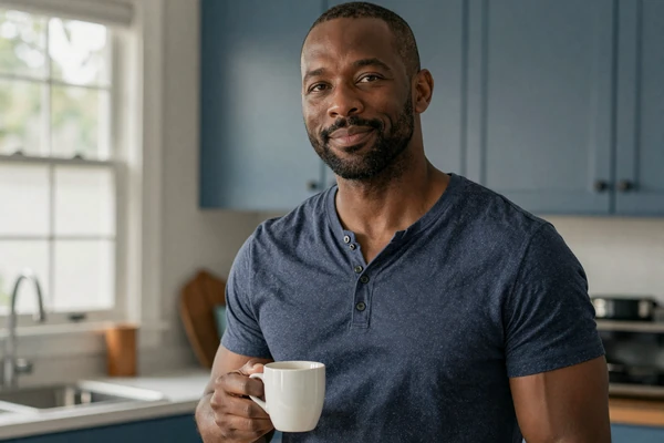 Marcus, a combat veteran with PTSD, smiling calmly in a home kitchen - dating a veteran with PTSD story