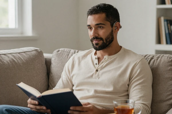 Theo, a late-deafened member, reading on a cozy couch - hard-of-hearing dating story