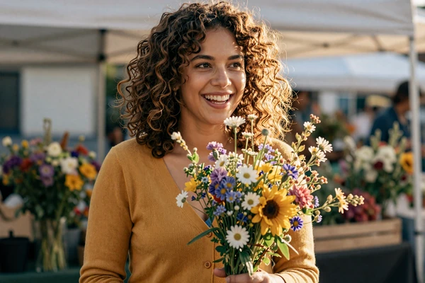 Maya, a curly-haired woman with ADHD, laughing at a farmers market with wildflowers - ADHD dating success story