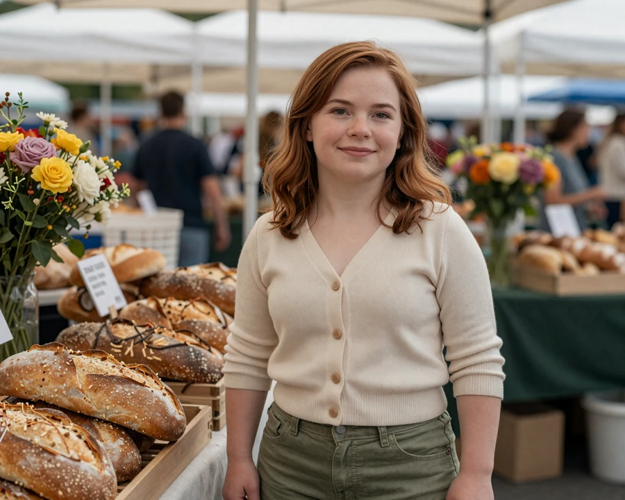 Hannah, a woman with achondroplasia, smiling at a farmers market - little people meet community member