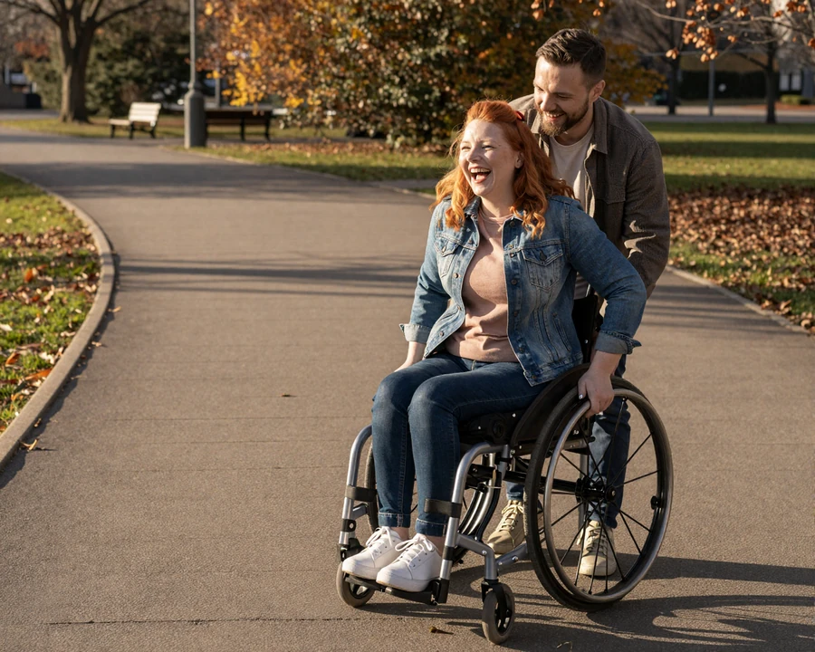 Niamh, a wheelchair user, laughing with her partner Karl on an accessible park boardwalk - wheelchair dating in everyday life