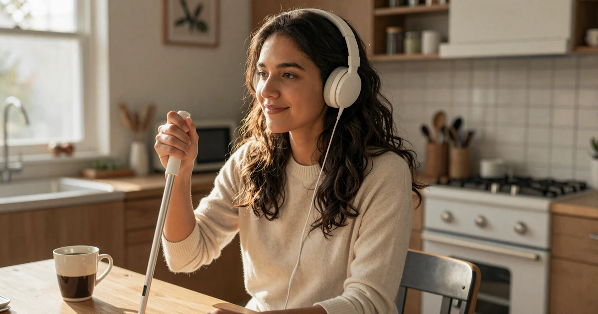 Elena, a blind woman with a white cane and headphones, smiling at her sunlit kitchen table - blind dating app in everyday life