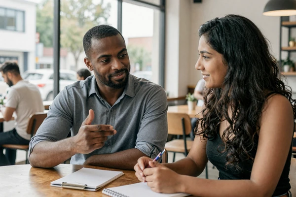 Devin and Priya, a Deaf couple, signing together at a bright Brooklyn cafe with large windows - Deaf community success story