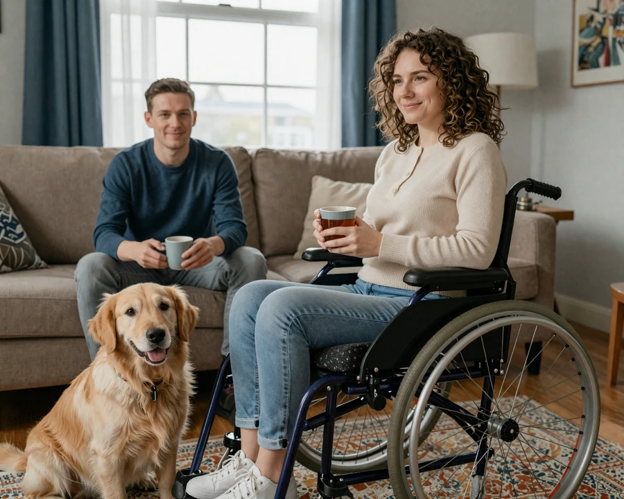 Smiling couple at home, one partner is a wheelchair user, sharing tea on a cozy living room couch - disabled and dating in everyday life