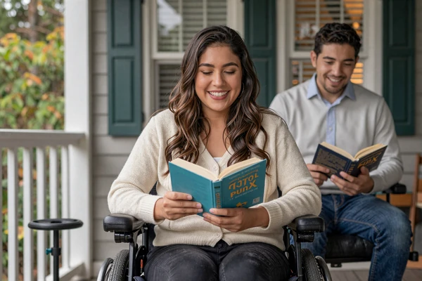 Maya, a power wheelchair user, and her partner Theo laughing on her sunny Portland porch - wheelchair dating success story