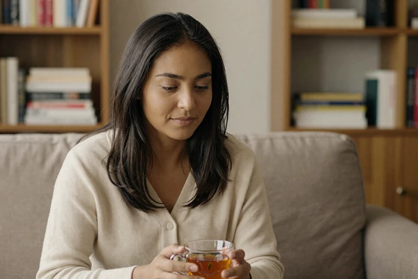 Maya, a late-diagnosed autistic woman, reading on her couch - autism dating member story