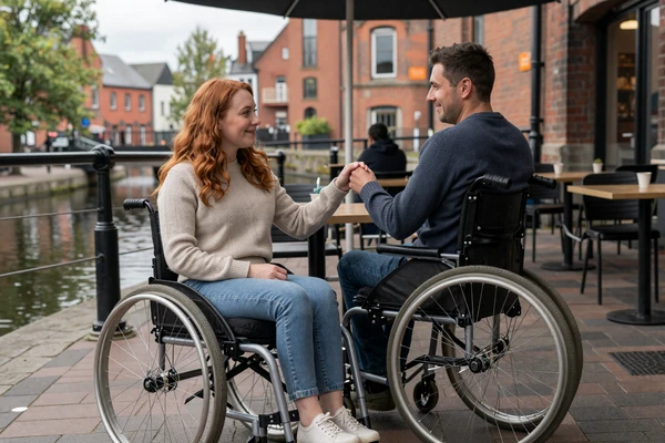 Niamh and Karl, two wheelchair users on a date at a Manchester canal-side cafe - both wheelchair dating couple