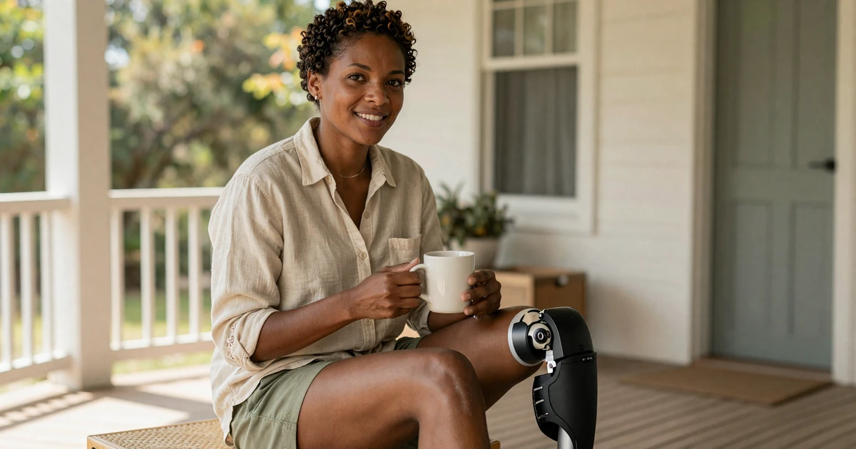 Renee, a below-knee amputee, smiling on her sunlit porch with coffee - amputee dating in everyday life